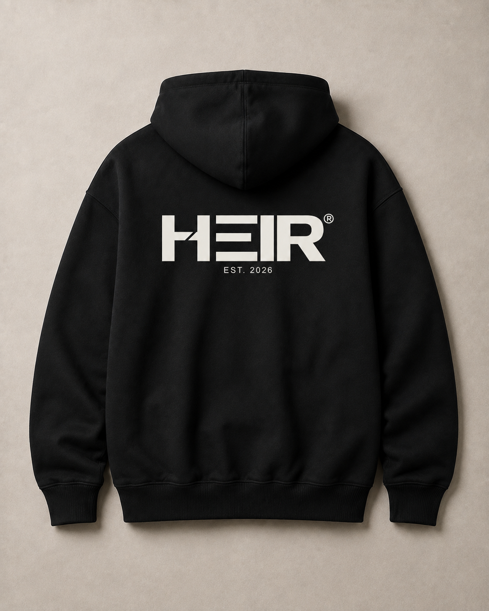 HEIR H013 Core Hoodie, Black, back view. Product visualization.