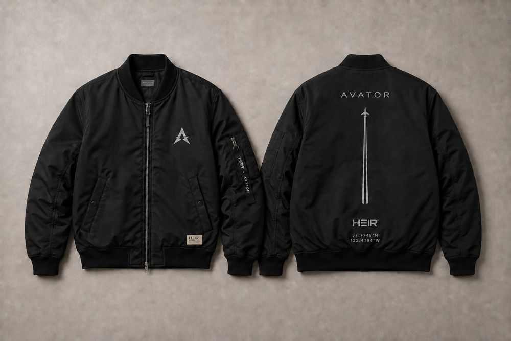 HEIR H023 Flight Bomber, Black, front and back views. Product visualization.