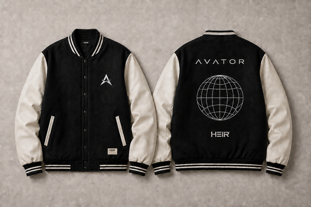 HEIR H030 Varsity Jacket, Black / Bone, front and back views. Product visualization.