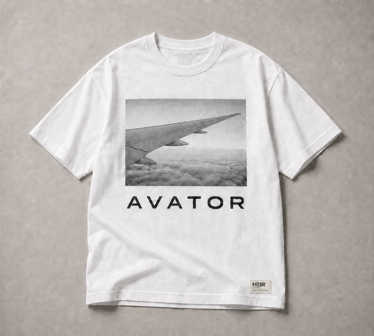 HEIR H038 Above the Clouds Tee, White, front view. Product visualization.