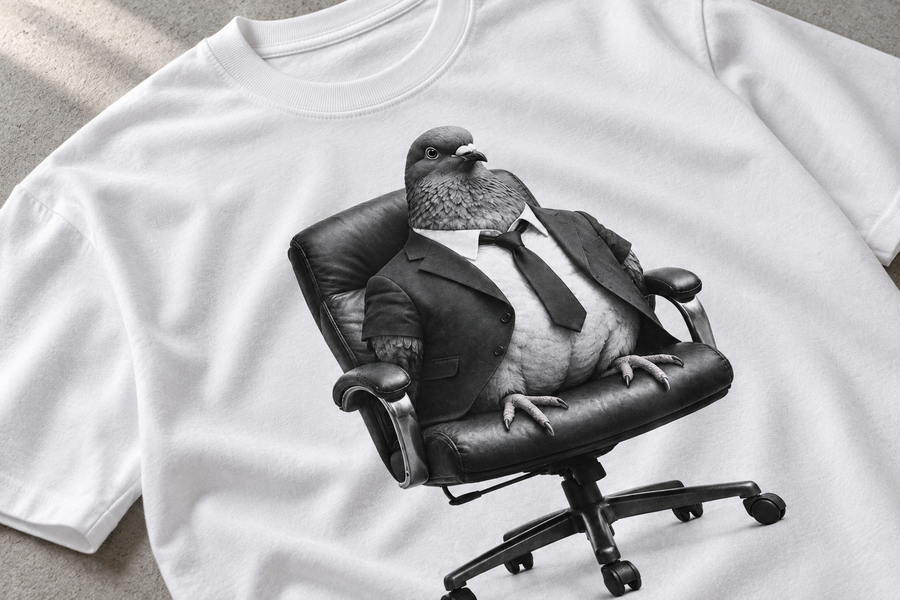 CEO Pigeon Graphic T-Shirt — The graphic, up close