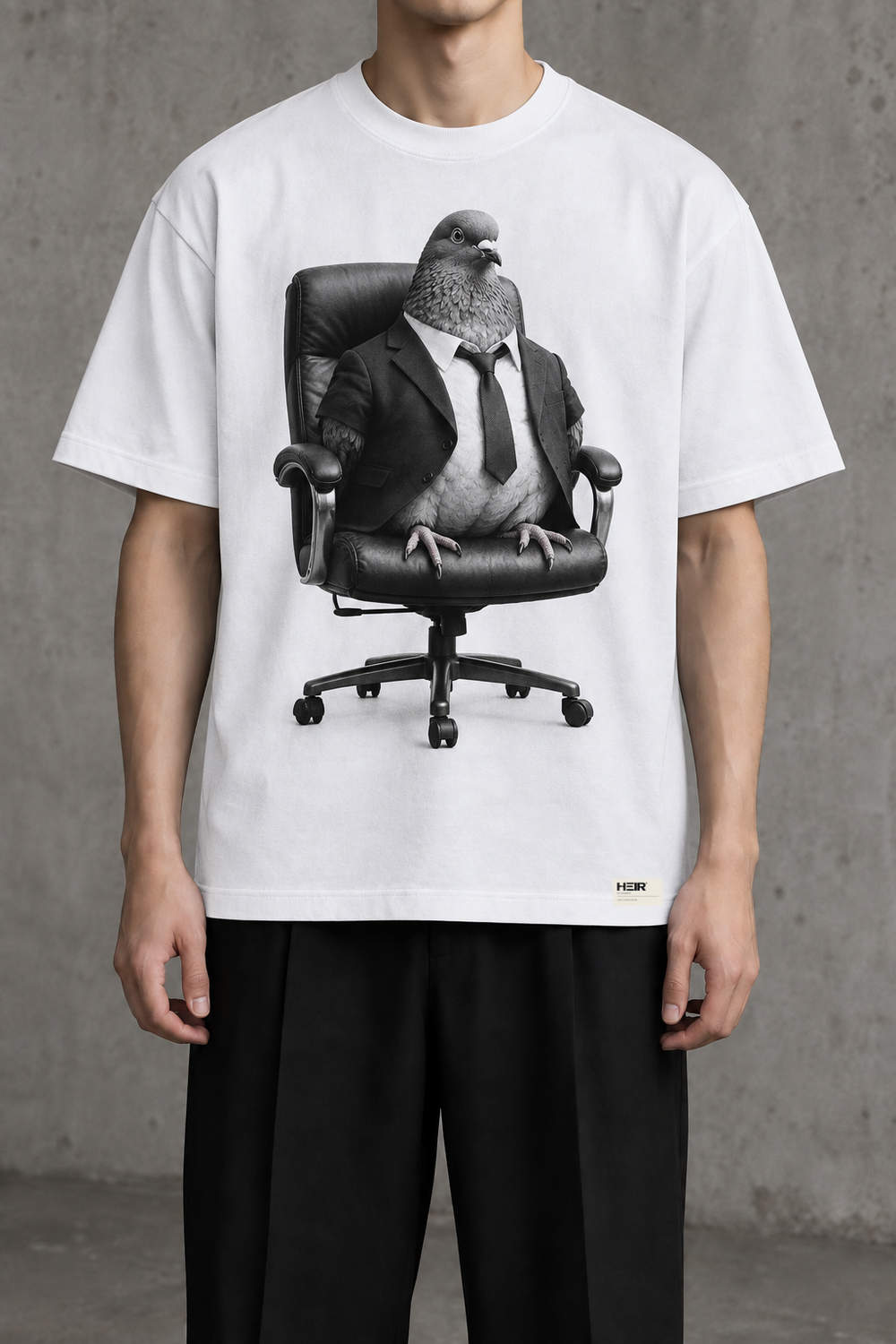 HEIR R11-01 CEO Pigeon Graphic T-Shirt in White, front design visualization with HEIR hem label. Not sample photography.