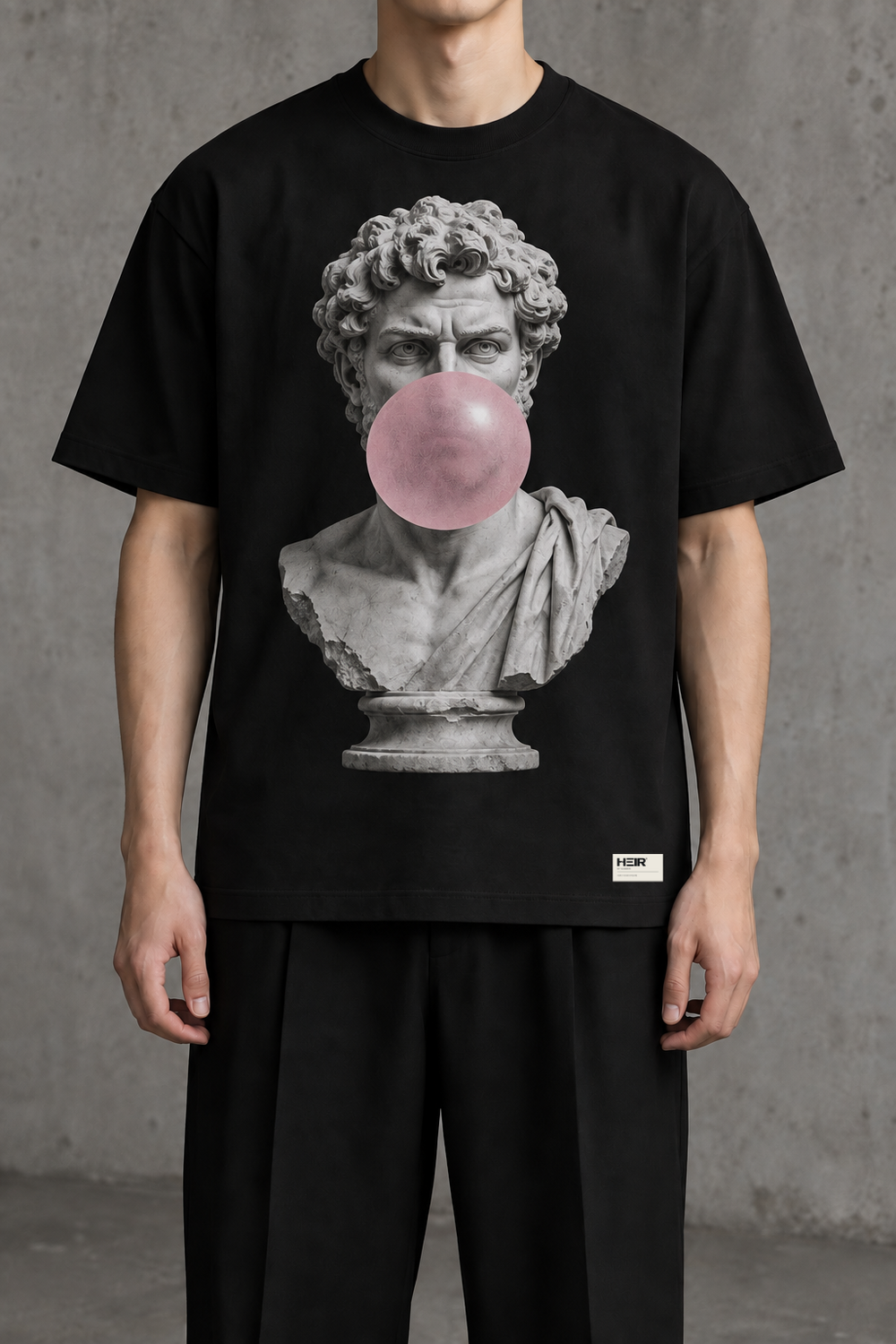 HEIR R11-04 Classical Bubble Graphic T-Shirt in Black, front design visualization with HEIR hem label. Not sample photography.
