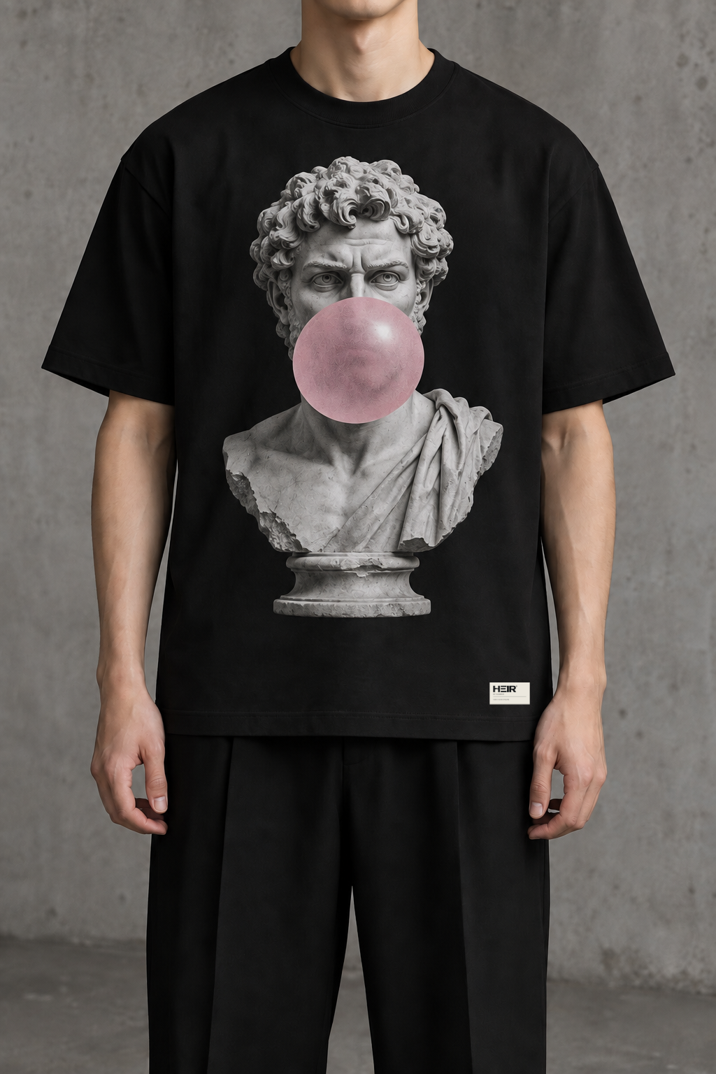 HEIR R11-04 Classical Bubble Graphic T-Shirt in Black, front design visualization with HEIR hem label. Not sample photography.