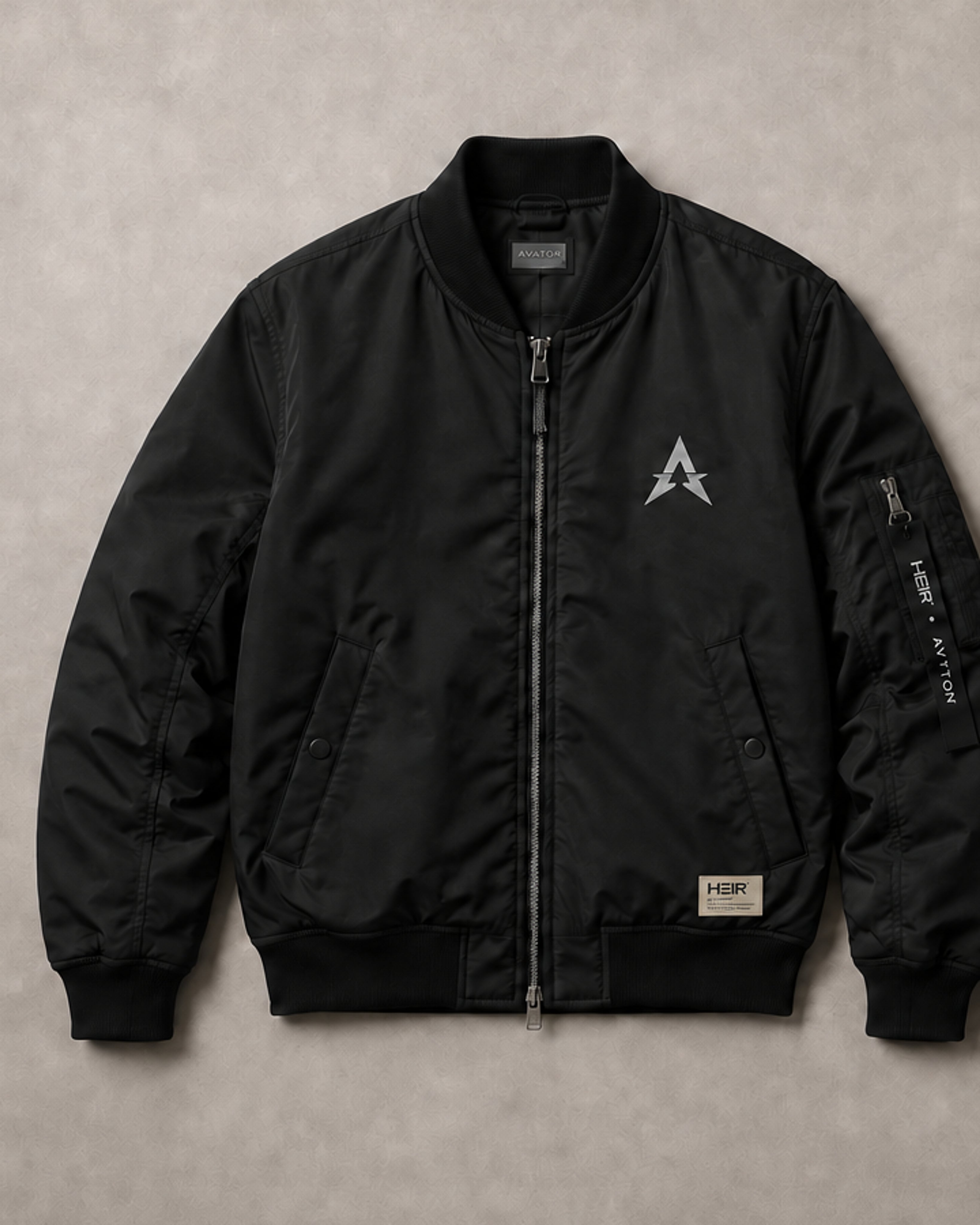 HEIR H023 Flight Bomber, Black, front and back views. Product visualization.