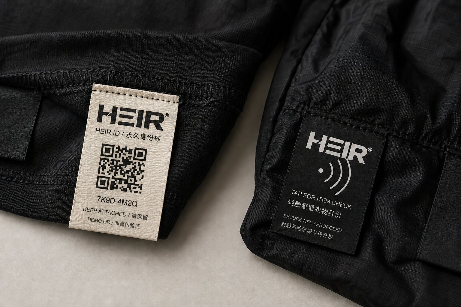 HEIR identity-label and proposed NFC-tab design reference, with demonstration codes only